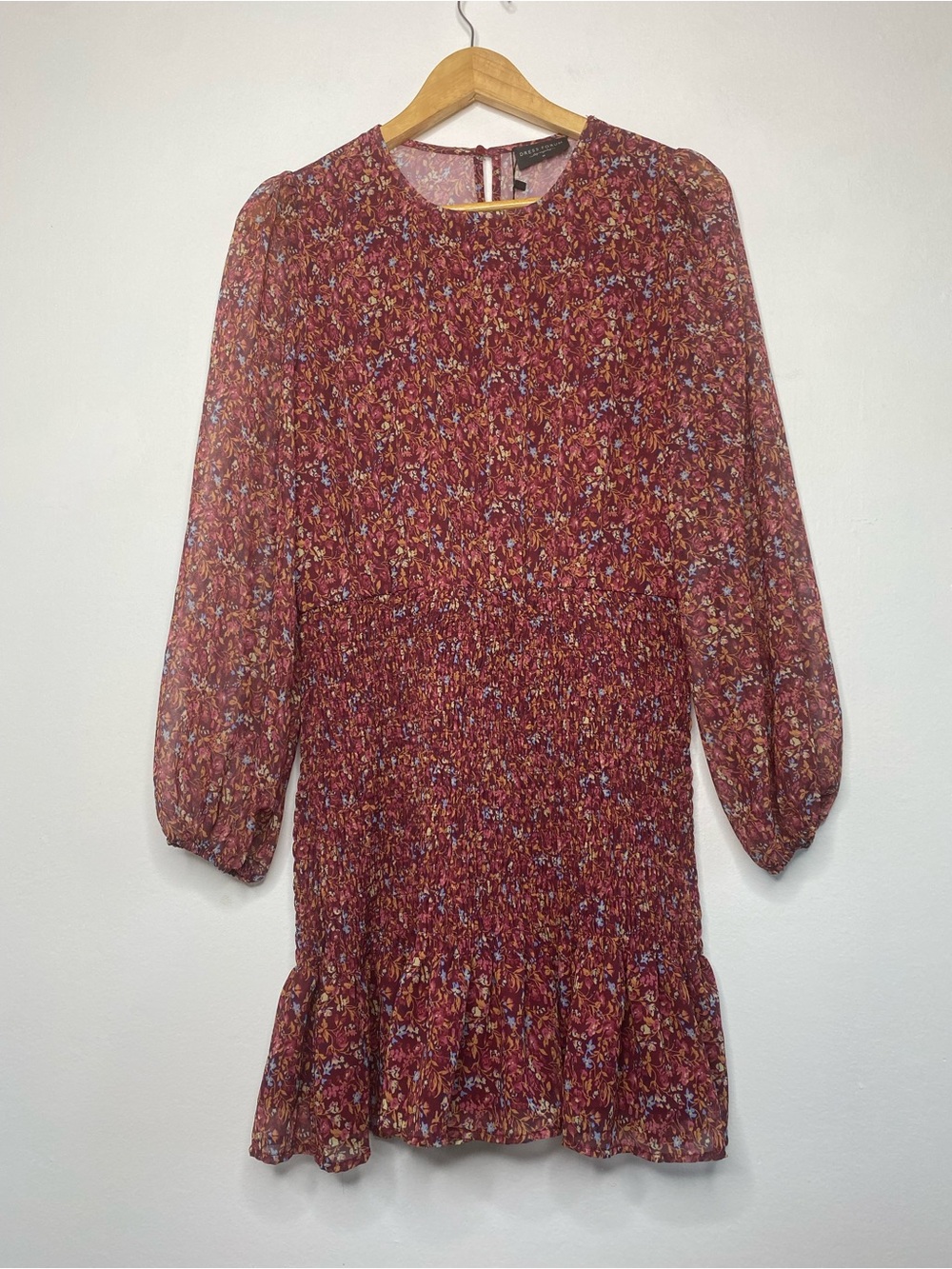 NWT Smocked ruffle mini dress floral Balloon Long sleeve Size M Maroon Wine - Picture 10 of 10